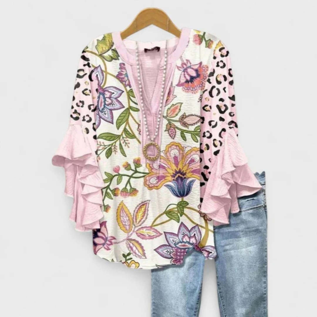 Women’s Printed Ruffle-Sleeve Blouse – Relaxed V-Neck Top for Everyday Styling