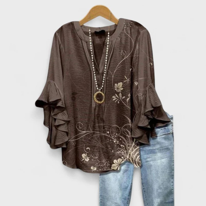 Women’s Printed Ruffle-Sleeve Blouse – Relaxed V-Neck Top for Everyday Styling