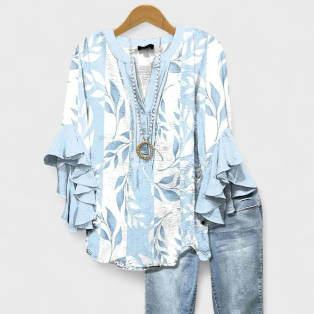 Women’s Printed Ruffle-Sleeve Blouse – Relaxed V-Neck Top for Everyday Styling