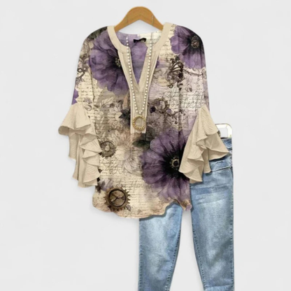 Women’s Printed Ruffle-Sleeve Blouse – Relaxed V-Neck Top for Everyday Styling