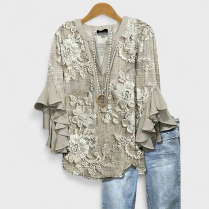 Women’s Printed Ruffle-Sleeve Blouse – Relaxed V-Neck Top for Everyday Styling