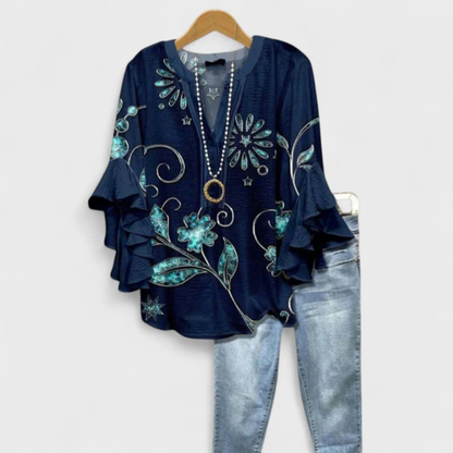 Women’s Printed Ruffle-Sleeve Blouse – Relaxed V-Neck Top for Everyday Styling