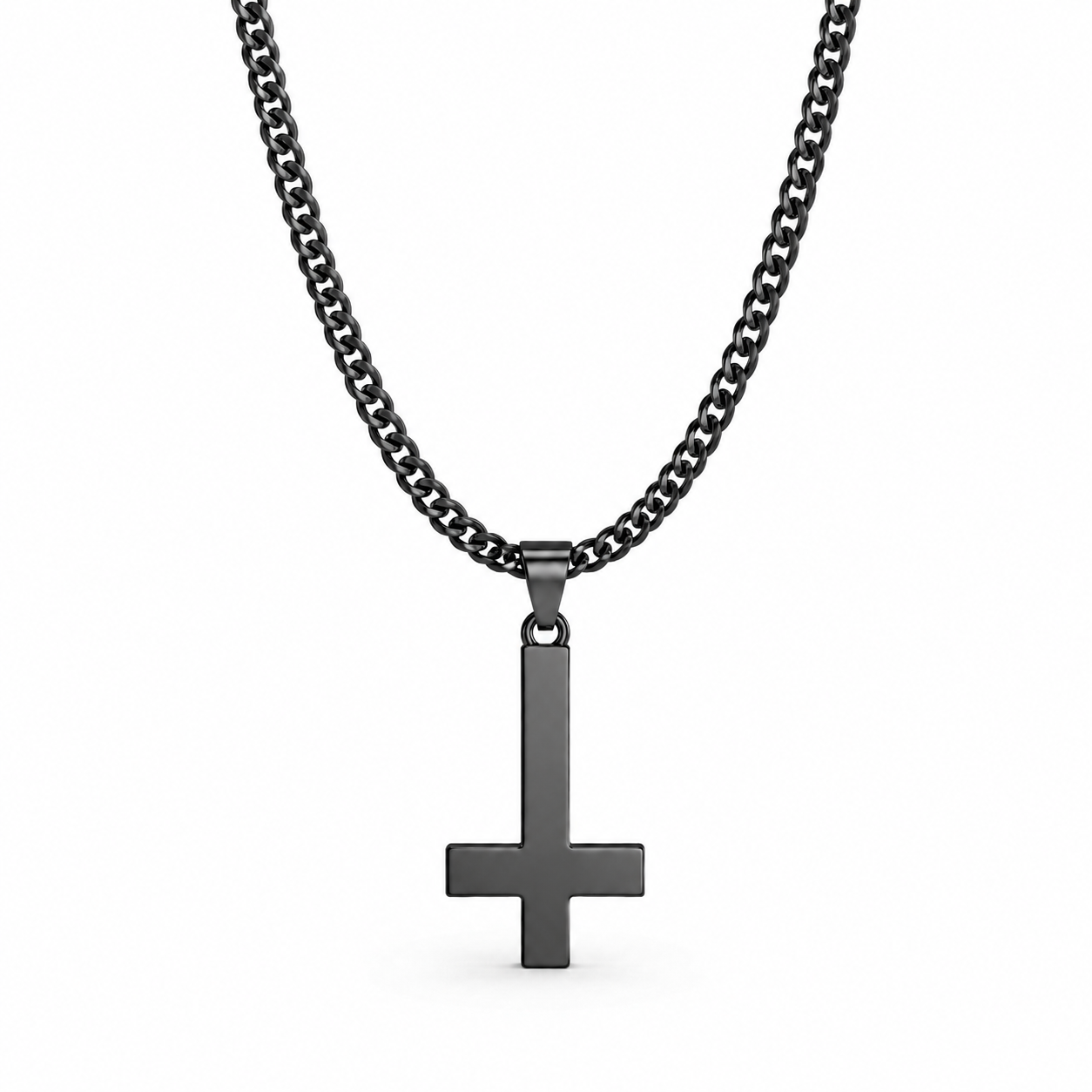 Black inverted cross necklace on white