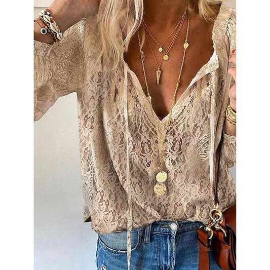 Women’s Boho Lace Blouse – Relaxed Long-Sleeve Summer Top for Holidays and Everyday Wear