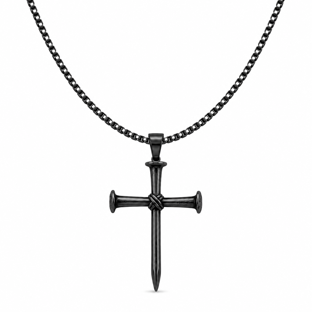 Men's black iron nail cross necklace on white