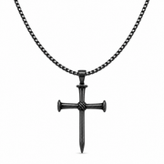 Men's black iron nail cross necklace on white