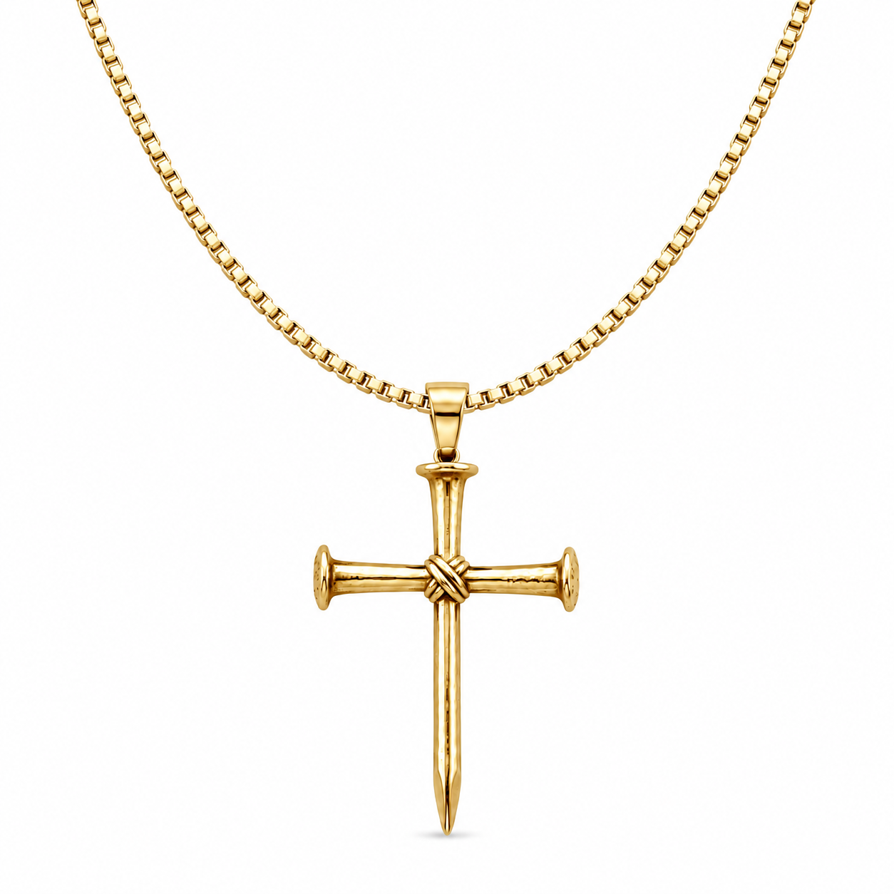 Men's gold-tone iron nail cross necklace on white
