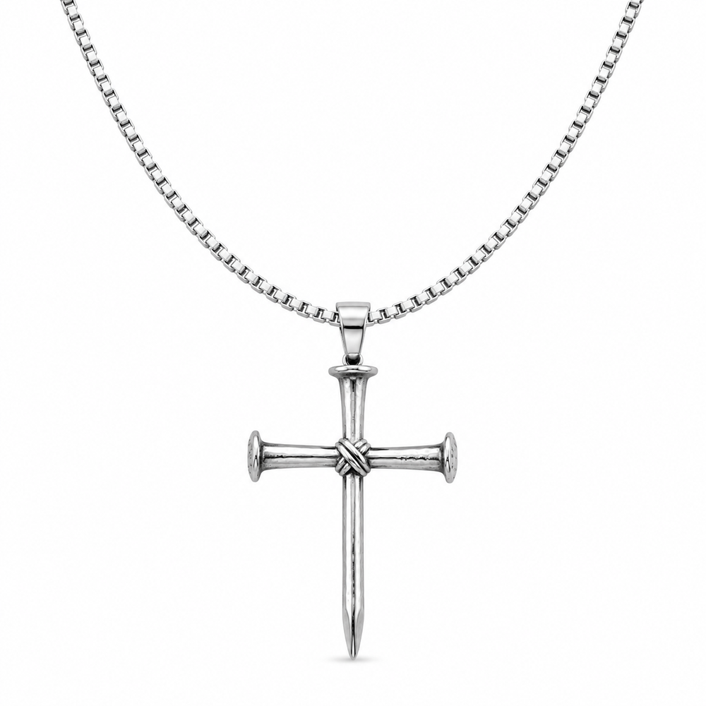 Men's silver-tone iron nail cross necklace on white