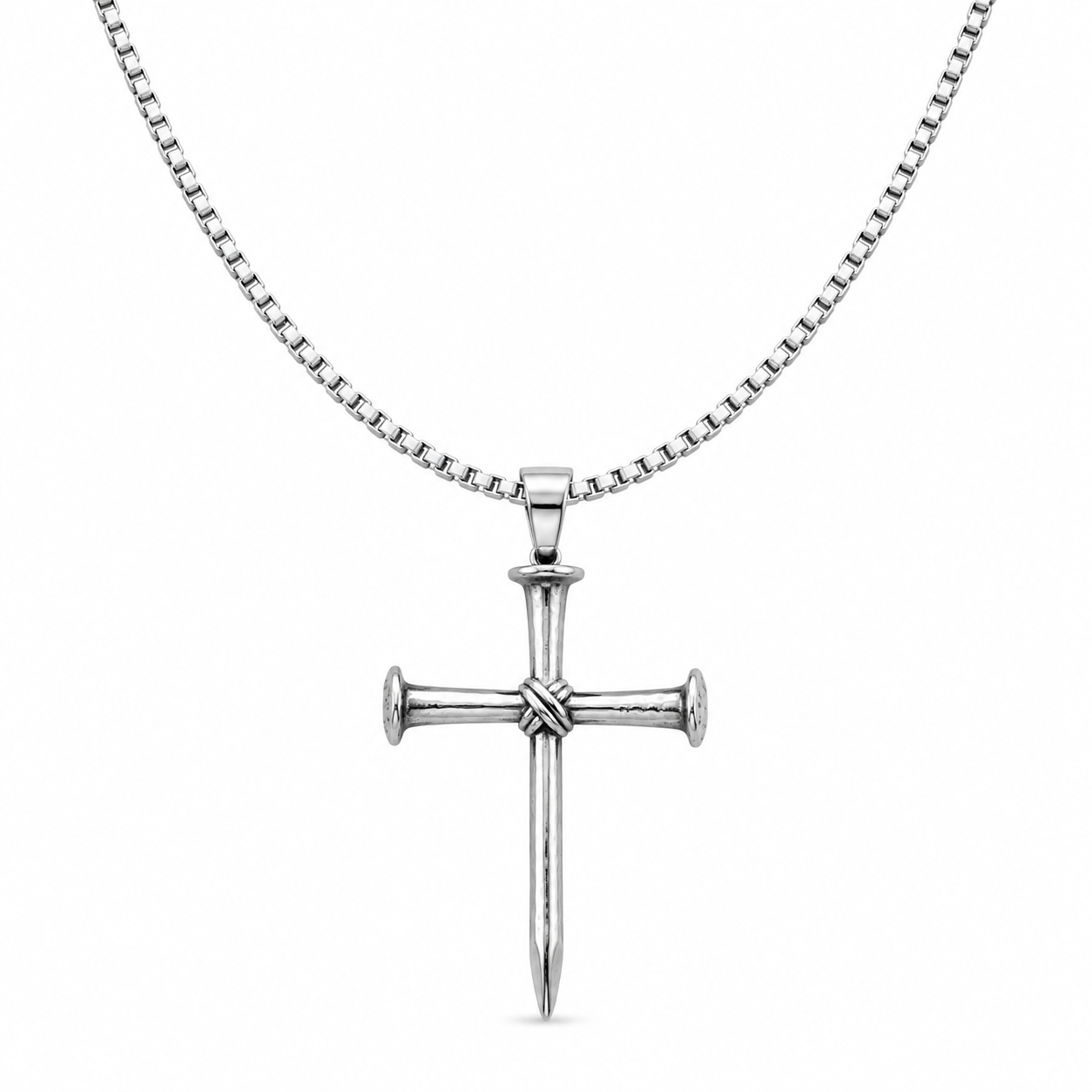 Men's silver-tone iron nail cross necklace on white