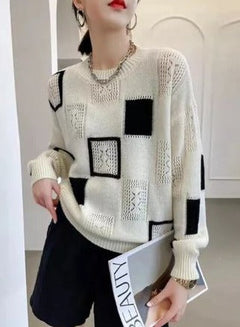 Women’s Openwork Patchwork Knit Sweater – Relaxed Crew-Neck Pullover with Mixed Textures