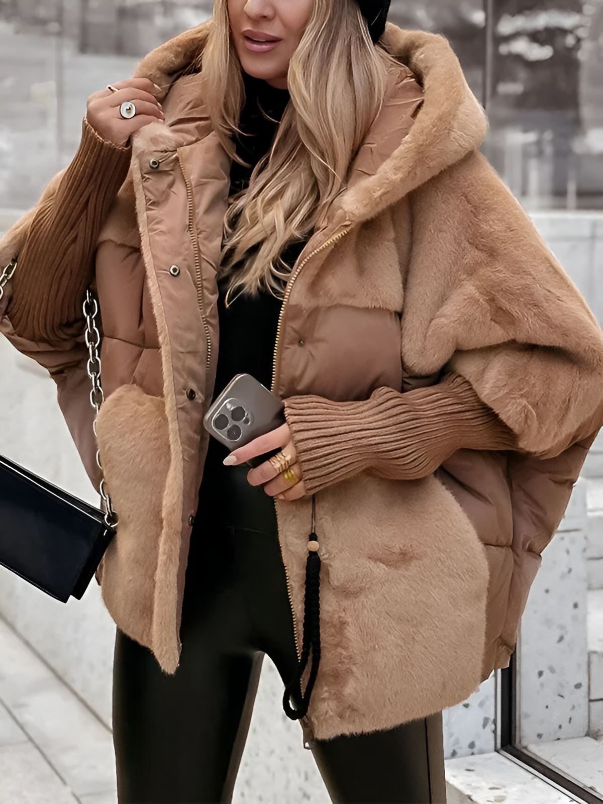 Women’s Oversized Quilted Jacket – Faux Fur Hood with Ribbed Cuffs