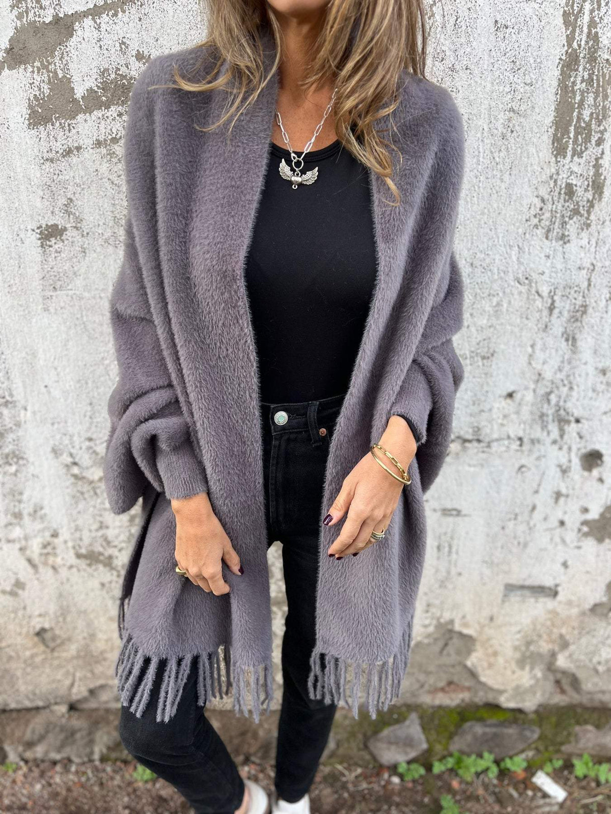 Women’s Long Cardigan – Shawl Collar with Fringed Hem