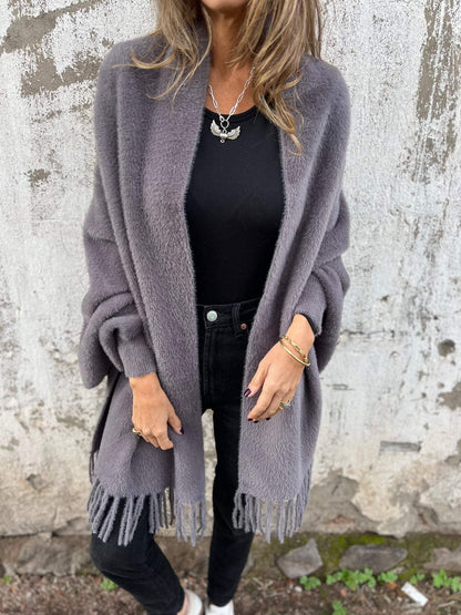 Women’s Long Cardigan – Shawl Collar with Fringed Hem