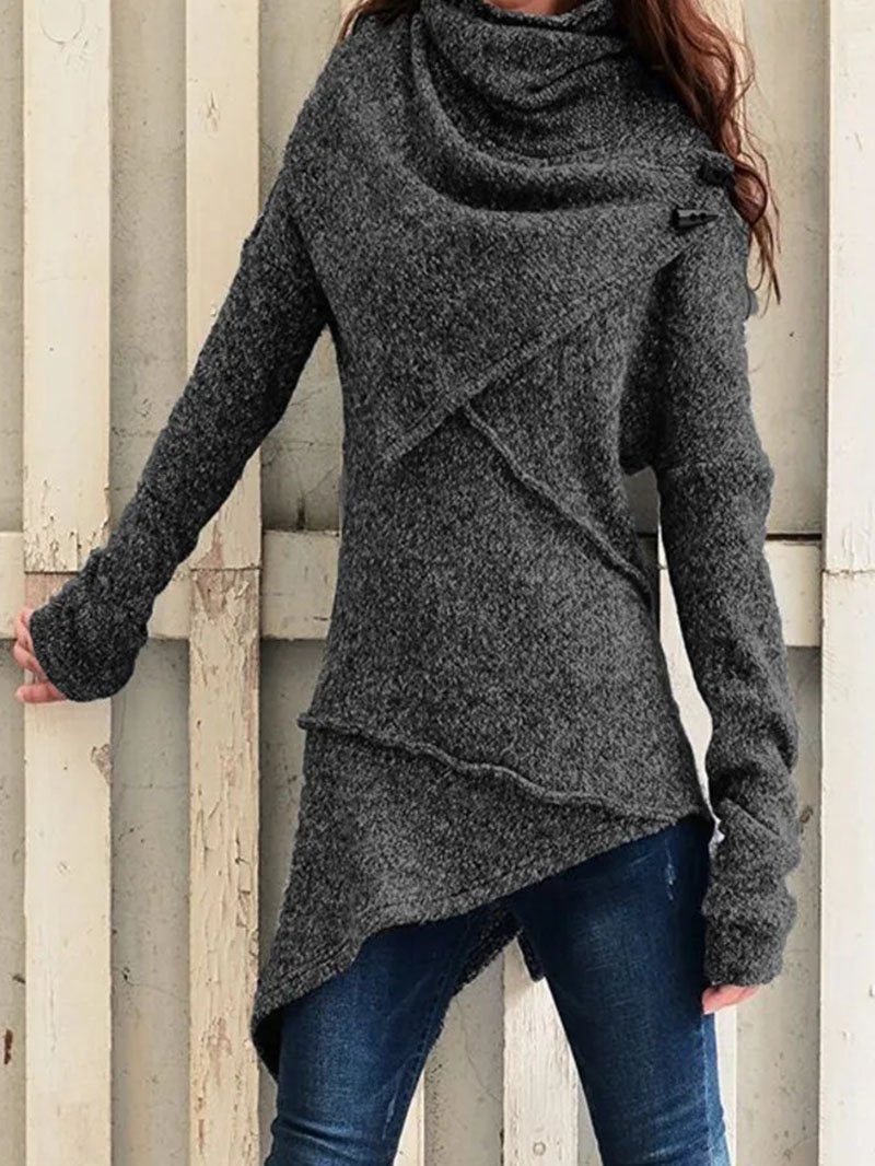 Women’s Draped-Collar Asymmetric Knit Sweater – Relaxed Longline Layer for Cooler Seasons