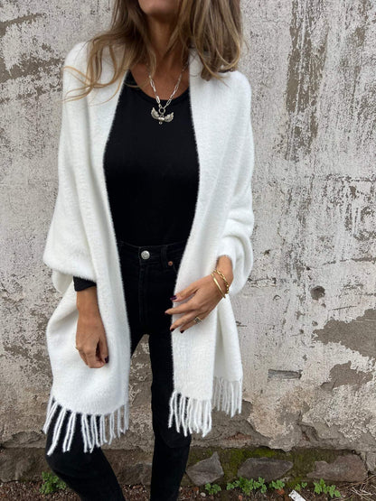 Women’s Long Cardigan – Shawl Collar with Fringed Hem
