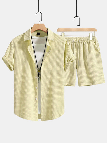 Men’s Textured Shirt and Drawstring Shorts Set – Regular Fit Summer Outfit
