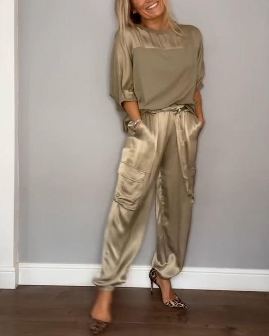 Women’s Relaxed Cargo Trouser Set – Short-Sleeve Top with Drawstring Waist for Smart Casual Wear