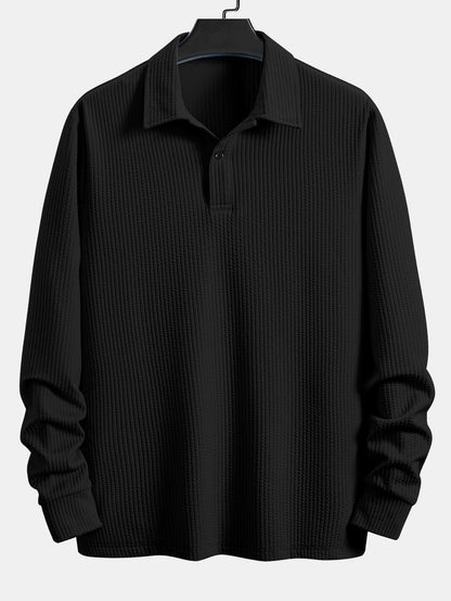 Men’s Relaxed Ribbed Polo Shirt – Stretch Long-Sleeve Smart Casual Top