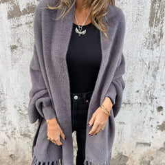 Women’s Long Cardigan – Shawl Collar with Fringed Hem