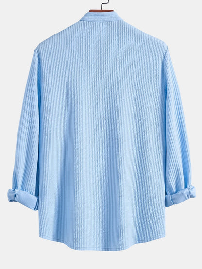 Men’s Ribbed Stand Collar Shirt and Straight-Leg Trousers – Stretch Smart Casual Co-Ord