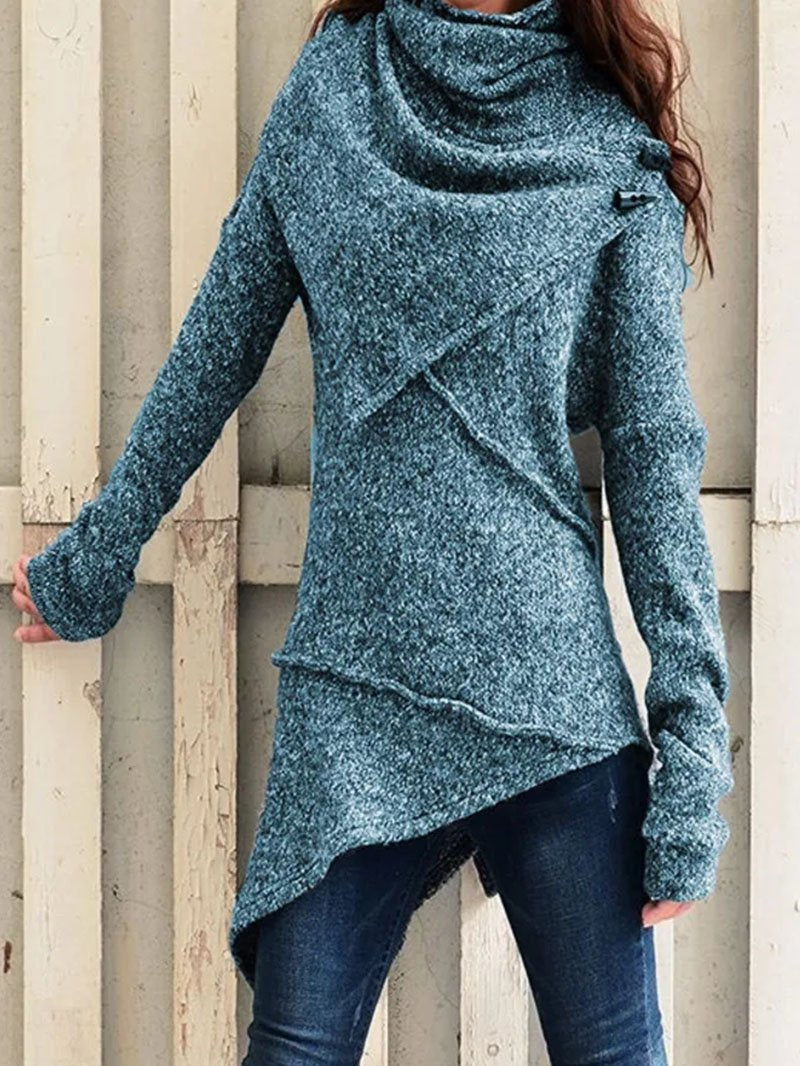 Women’s Draped-Collar Asymmetric Knit Sweater – Relaxed Longline Layer for Cooler Seasons