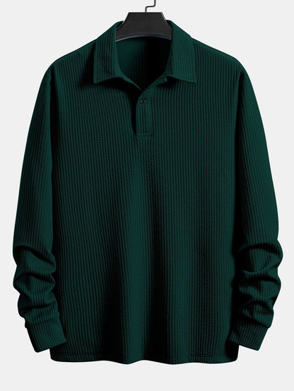 Men’s Relaxed Ribbed Polo Shirt – Stretch Long-Sleeve Smart Casual Top