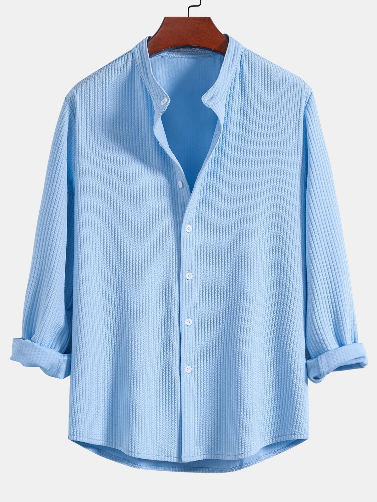 Men’s Ribbed Stand Collar Shirt and Straight-Leg Trousers – Stretch Smart Casual Co-Ord