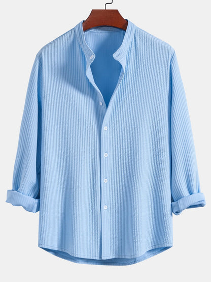 Men’s Ribbed Stand Collar Shirt and Straight-Leg Trousers – Stretch Smart Casual Co-Ord