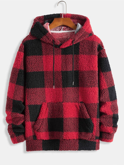 Men’s Checked Teddy Fleece Tracksuit – Hooded Two-Piece Set with Straight-Leg Trousers
