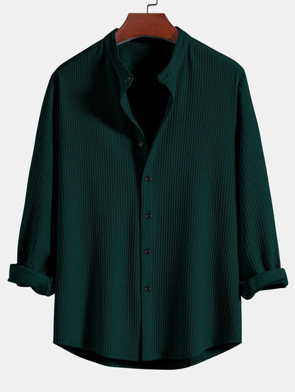 Men’s Ribbed Stand Collar Shirt and Straight-Leg Trousers – Stretch Smart Casual Co-Ord