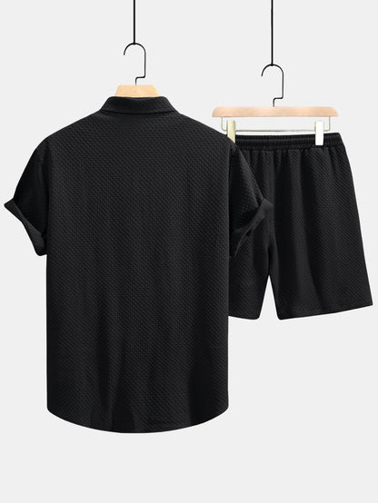 Men’s Textured Shirt and Drawstring Shorts Set – Regular Fit Summer Outfit
