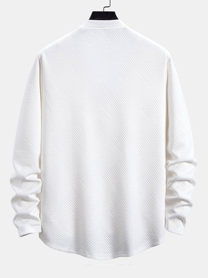 Men’s Stretch Jacquard Long-Sleeve T-Shirt – Textured Crew Neck Casual Layer