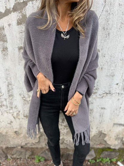Women’s Long Cardigan – Shawl Collar with Fringed Hem