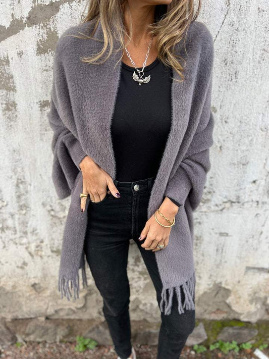 Women’s Long Cardigan – Shawl Collar with Fringed Hem
