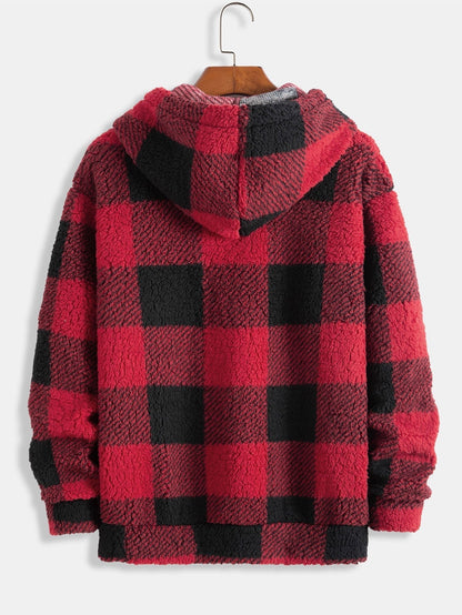 Men’s Checked Teddy Fleece Tracksuit – Hooded Two-Piece Set with Straight-Leg Trousers