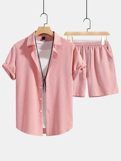 Men’s Textured Shirt and Drawstring Shorts Set – Regular Fit Summer Outfit