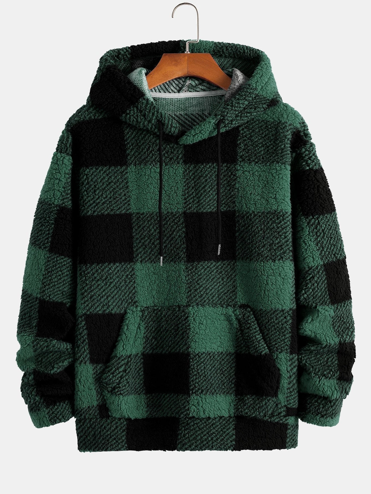 Men’s Checked Teddy Fleece Tracksuit – Hooded Two-Piece Set with Straight-Leg Trousers