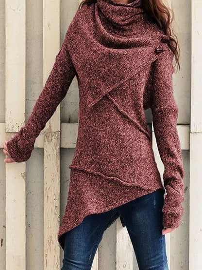 Women’s Draped-Collar Asymmetric Knit Sweater – Relaxed Longline Layer for Cooler Seasons
