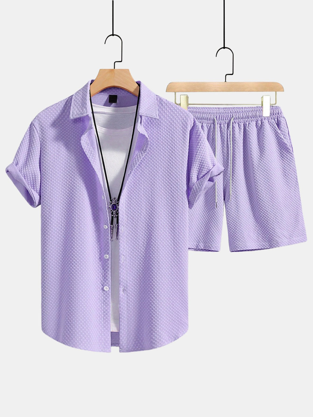 Men’s Textured Shirt and Drawstring Shorts Set – Regular Fit Summer Outfit