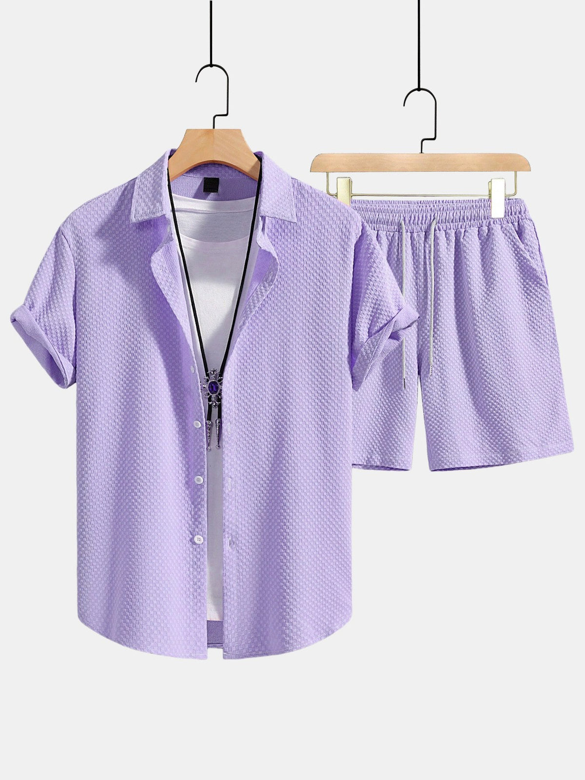 Men’s Textured Shirt and Drawstring Shorts Set – Regular Fit Summer Outfit