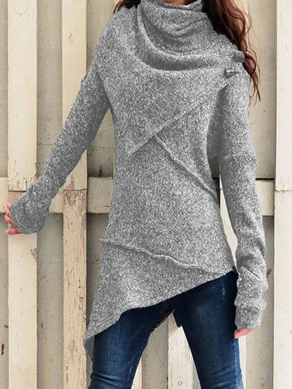 Women’s Draped-Collar Asymmetric Knit Sweater – Relaxed Longline Layer for Cooler Seasons
