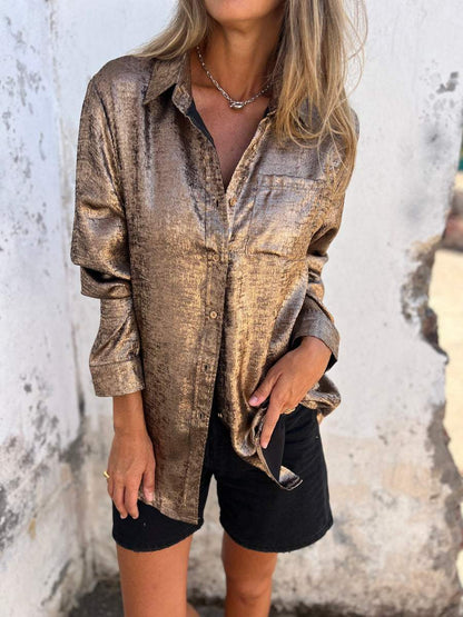 Women’s Metallic Button-Up Shirt – Relaxed Statement Layer for Day-to-Night Wear