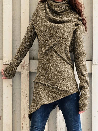 Women’s Draped-Collar Asymmetric Knit Sweater – Relaxed Longline Layer for Cooler Seasons