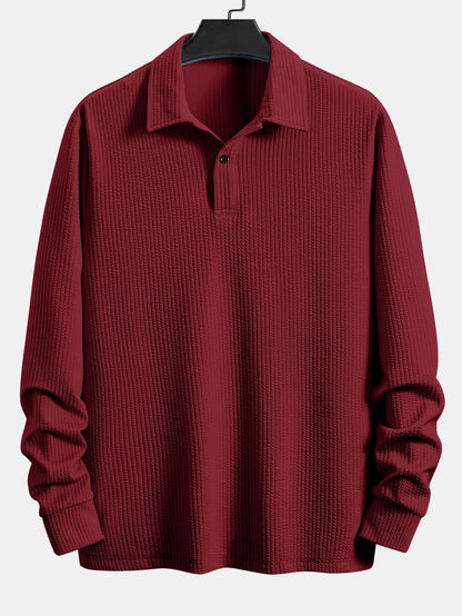 Men’s Relaxed Ribbed Polo Shirt – Stretch Long-Sleeve Smart Casual Top
