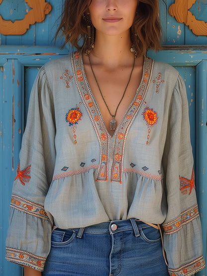 Women’s Artisan-Inspired Summer Blouse – Relaxed V-Neck Top with Embroidered Detail