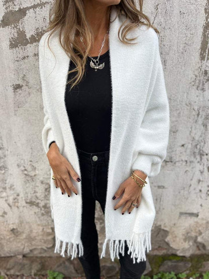 Women’s Long Cardigan – Shawl Collar with Fringed Hem