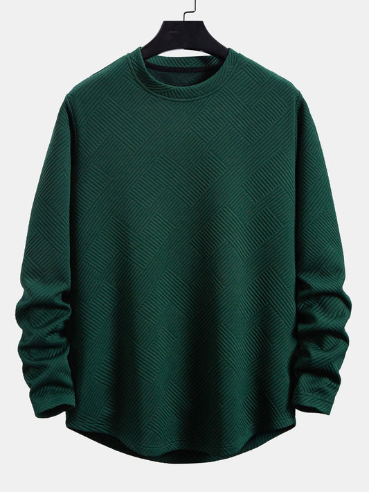 Men’s Stretch Jacquard Long-Sleeve T-Shirt – Textured Crew Neck Casual Layer
