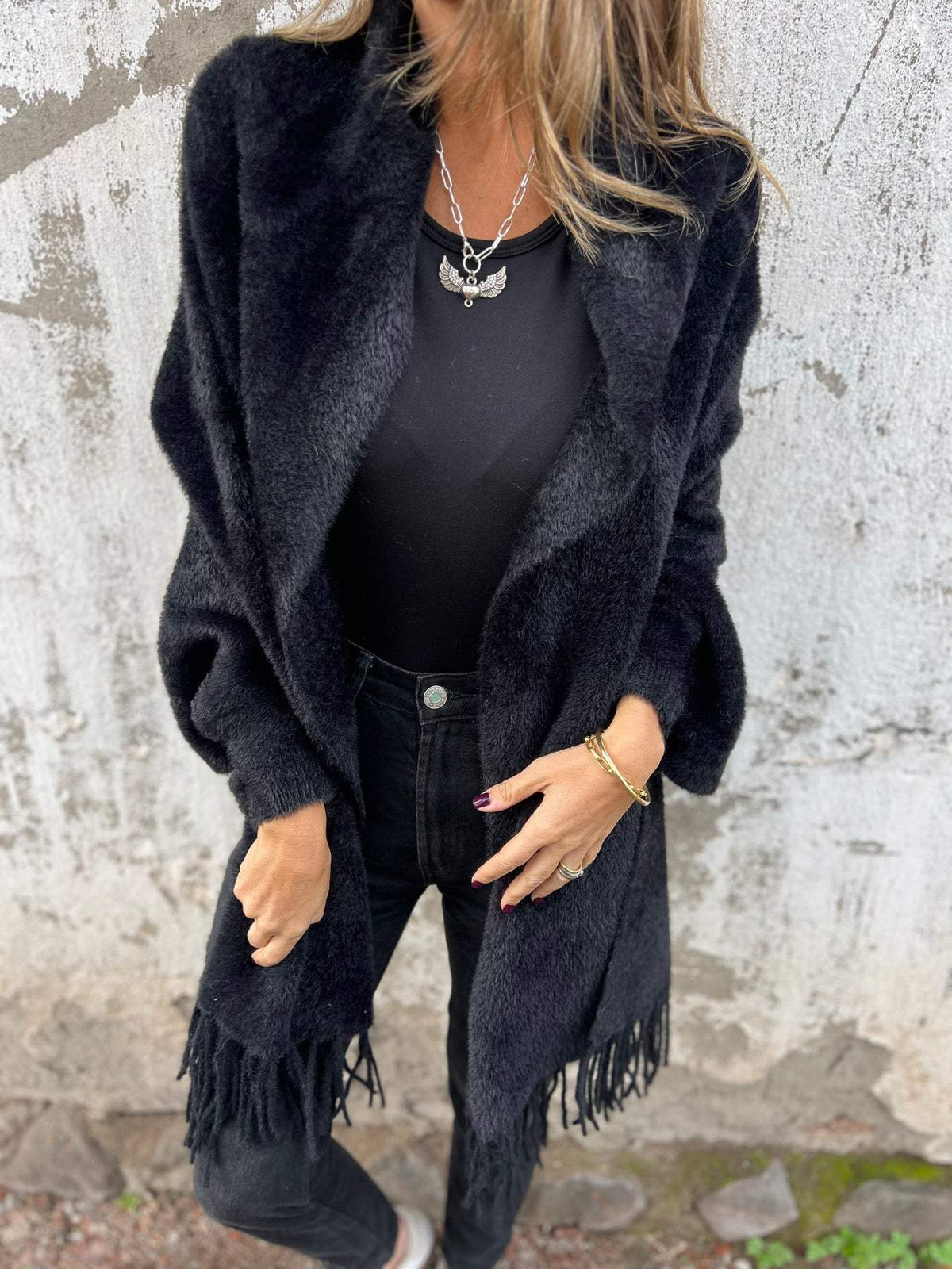Women’s Long Cardigan – Shawl Collar with Fringed Hem
