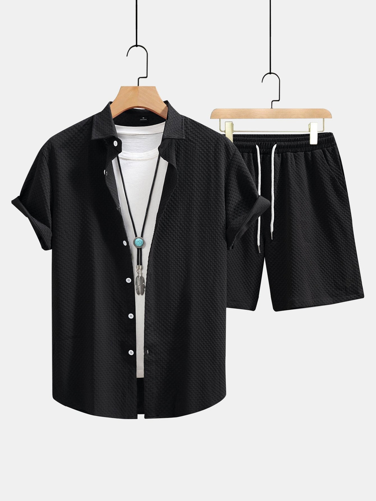 Men’s Textured Shirt and Drawstring Shorts Set – Regular Fit Summer Outfit