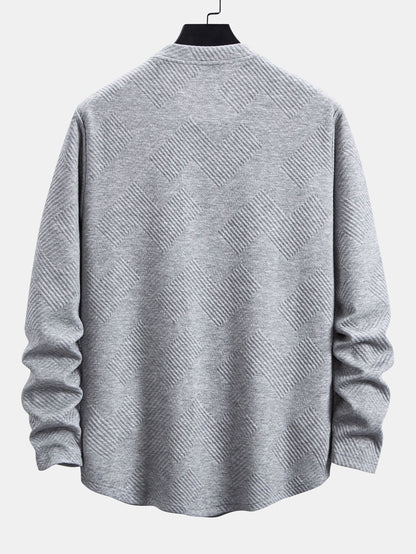 Men’s Stretch Jacquard Long-Sleeve T-Shirt – Textured Crew Neck Casual Layer